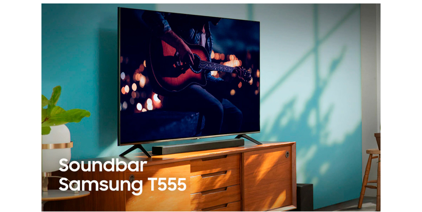 Soundbar Samsung HW-T555, com 2.1 canais, potência de 320W, Bluetooth, Subwoofer sem fio e DTS Virtual:X